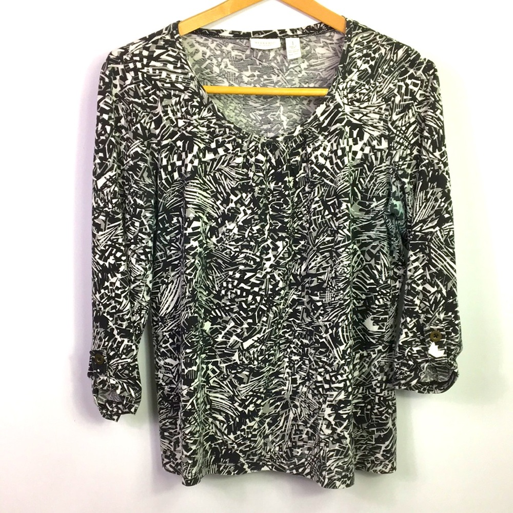 Chicos Weekends‎ Blouse Black White 3/4 Sleeves round neck Size 8